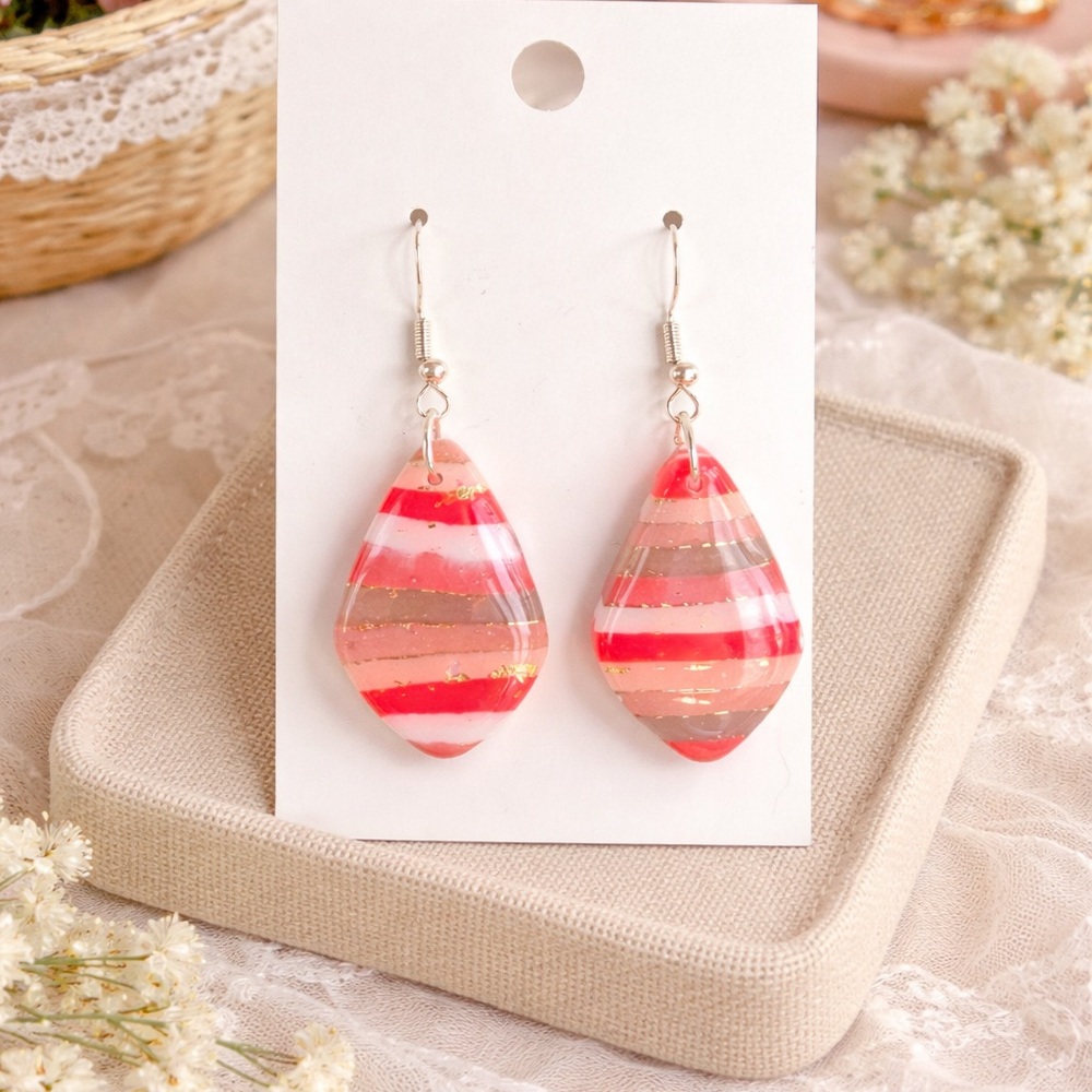 Handmade Pink Striped Teardrop Earrings